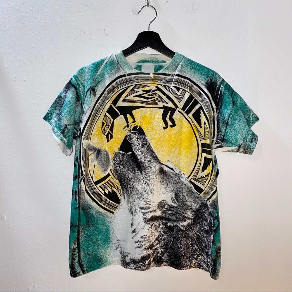 Vintage 90s Aztec Wolf Nature All Over Print Single Stitch Shirt Size Medium AOP